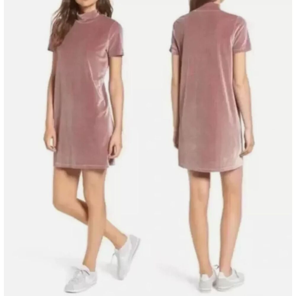 ~ Madewell XS stretch velvet mini dress shift mock neck frosty mauve soft cozy